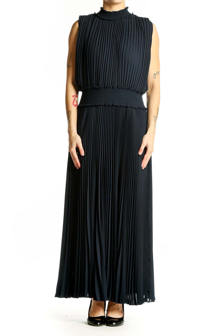 Front view of Nanette Lepore black pleated maxi dress with high neck
