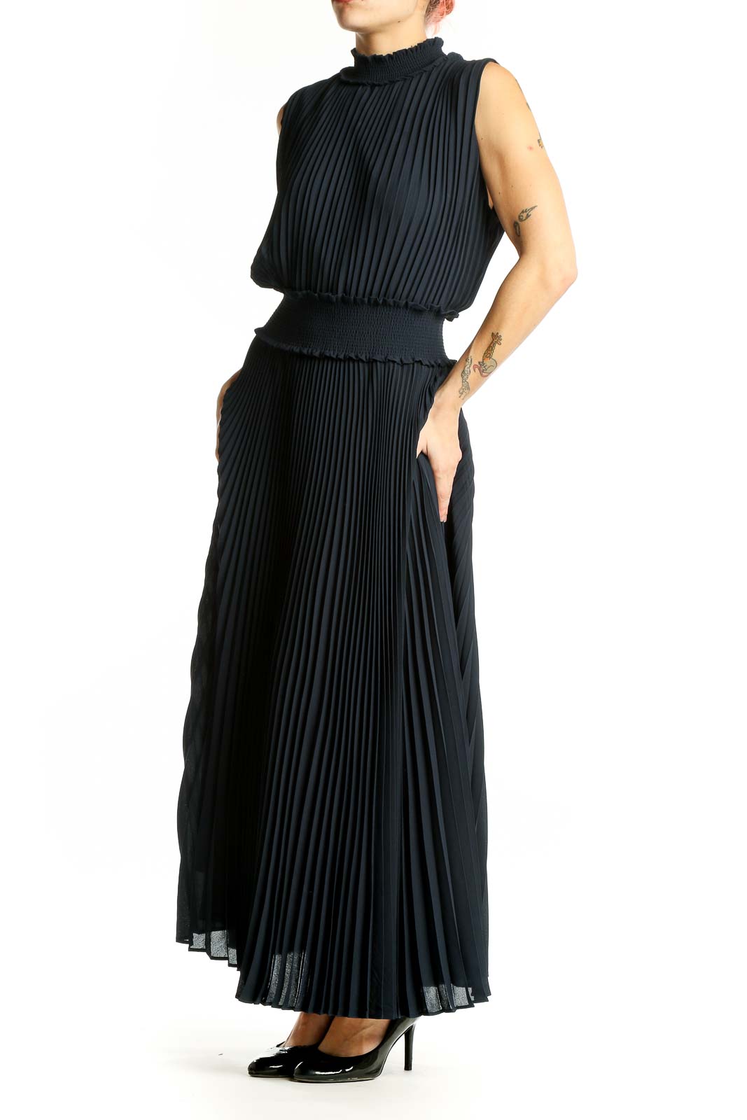 Front view of Nanette Lepore black pleated maxi dress with high neck