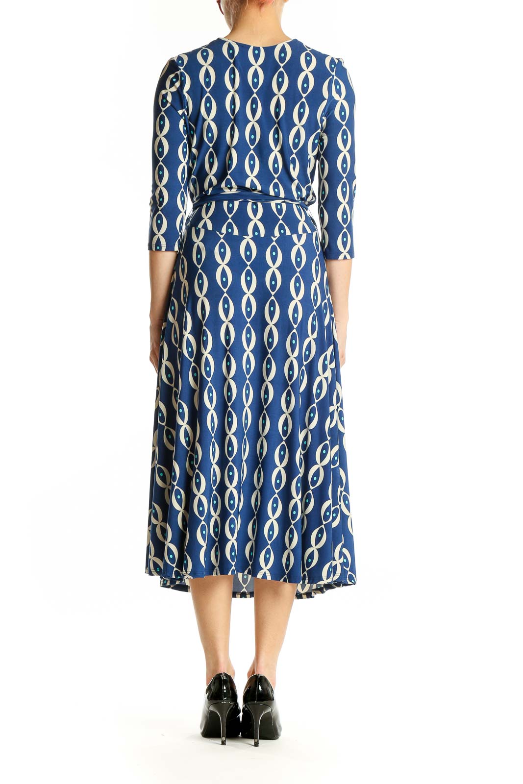 Side view of Leota blue geometric print wrap midi dress