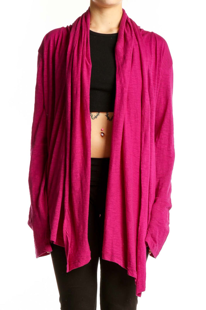 Front view of magenta Alternative cotton cardigan with open front design