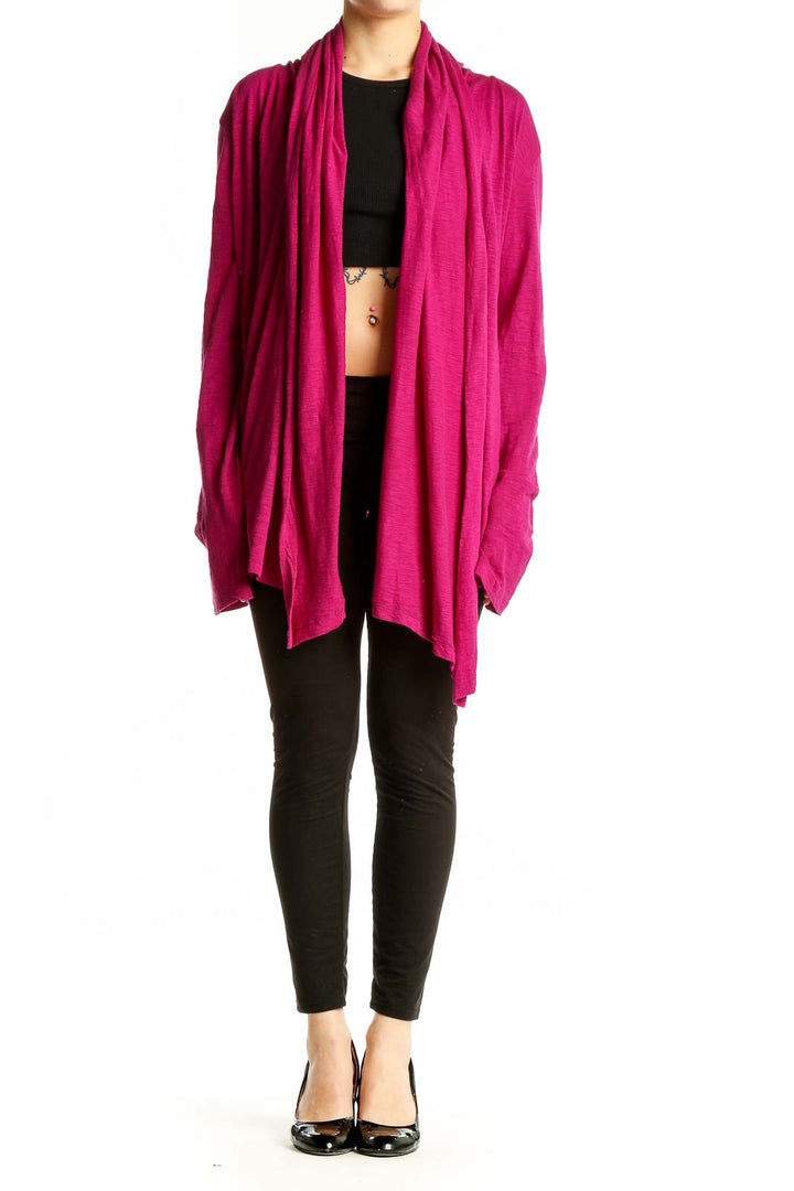 Front view of magenta Alternative cotton cardigan with open front design