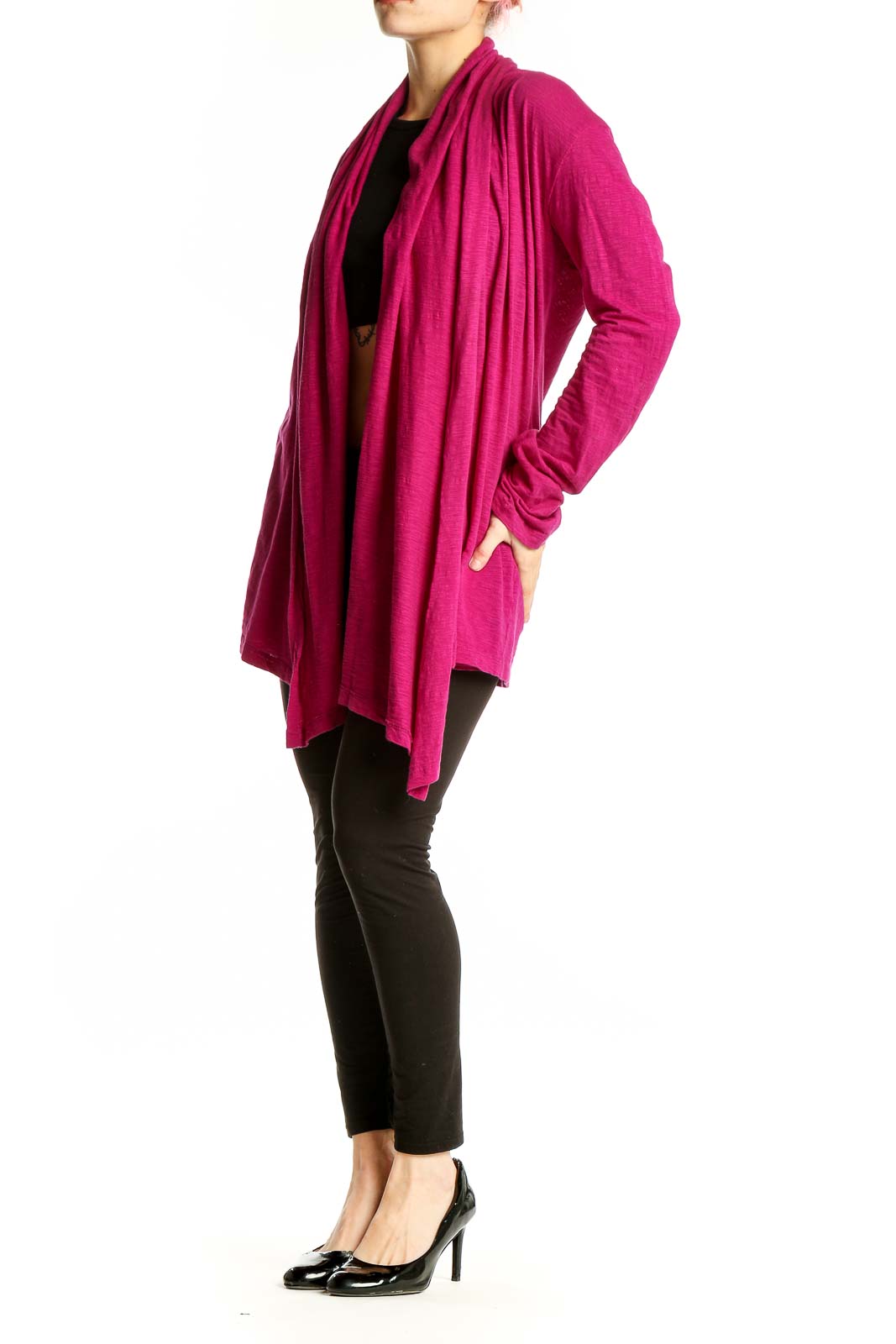 Front view of magenta Alternative cotton cardigan with open front design