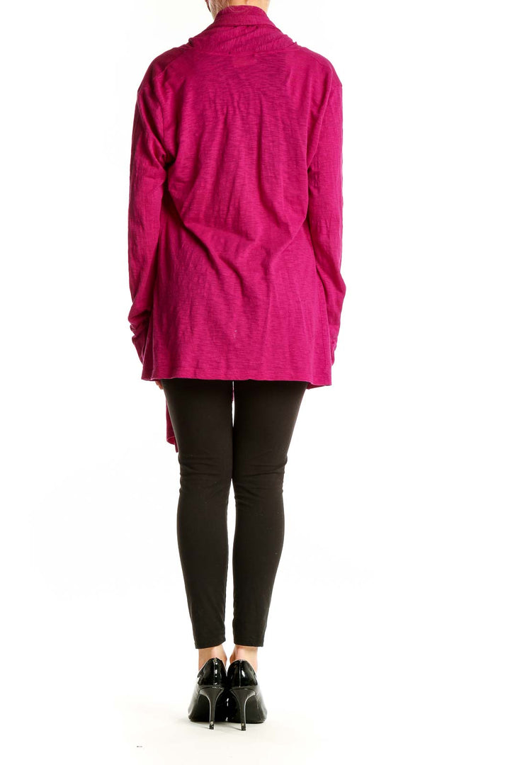 Side view of magenta Alternative cotton cardigan showing drape and length