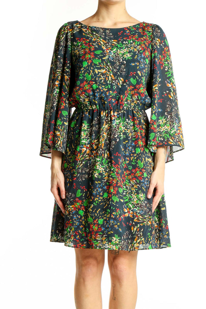 Front view of Alice + Olivia multicolor floral print silk dress with flowing sleeves