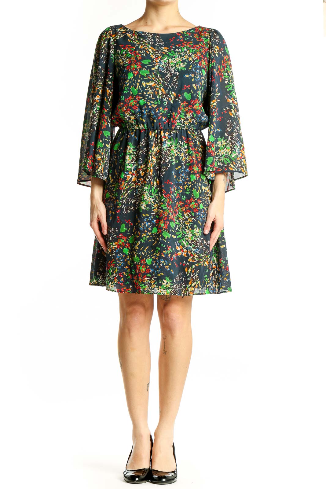 Front view of Alice + Olivia multicolor floral print silk dress with flowing sleeves