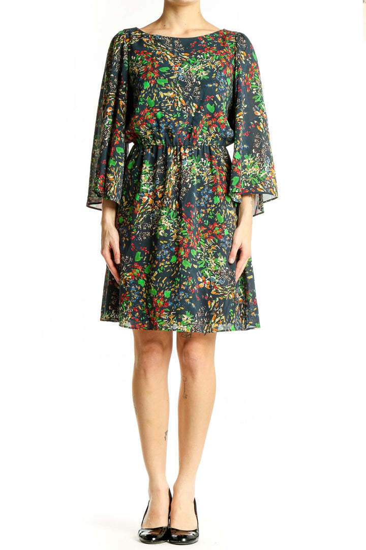 Front view of Alice + Olivia multicolor floral print silk dress with flowing sleeves