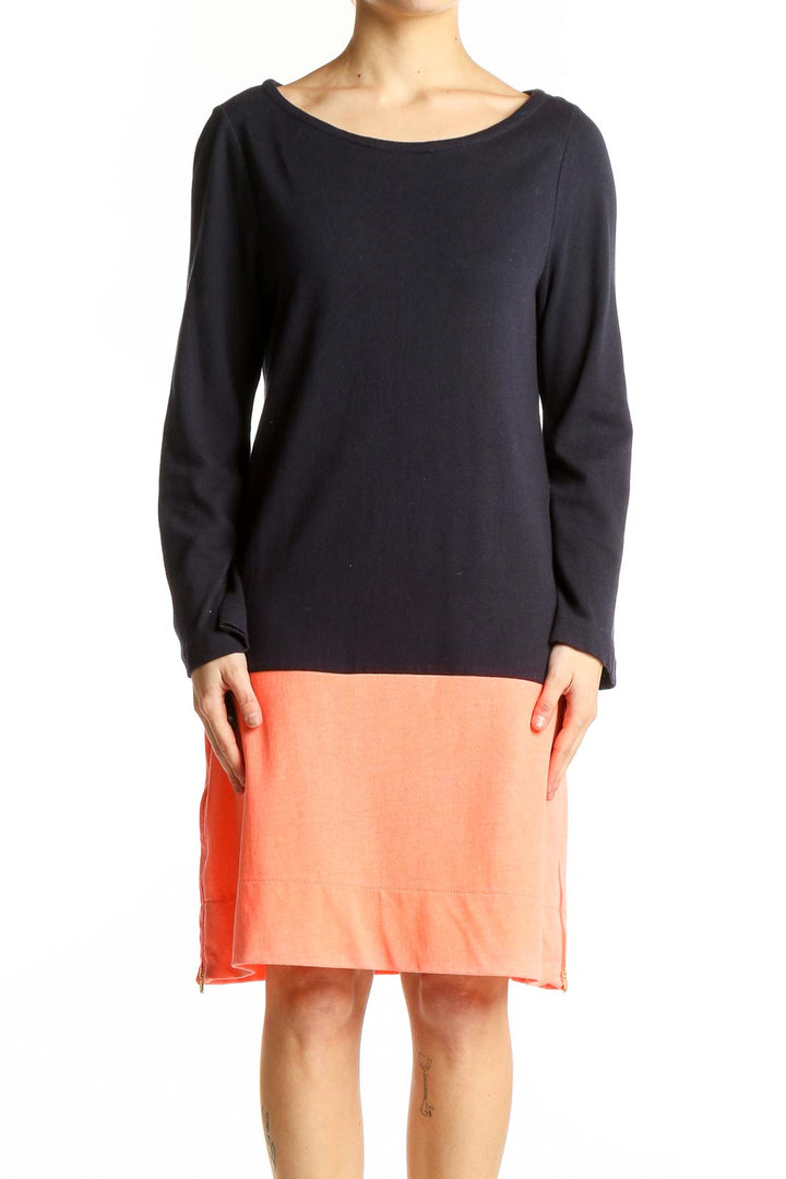 Front view of J.Crew black and coral color block cotton dress