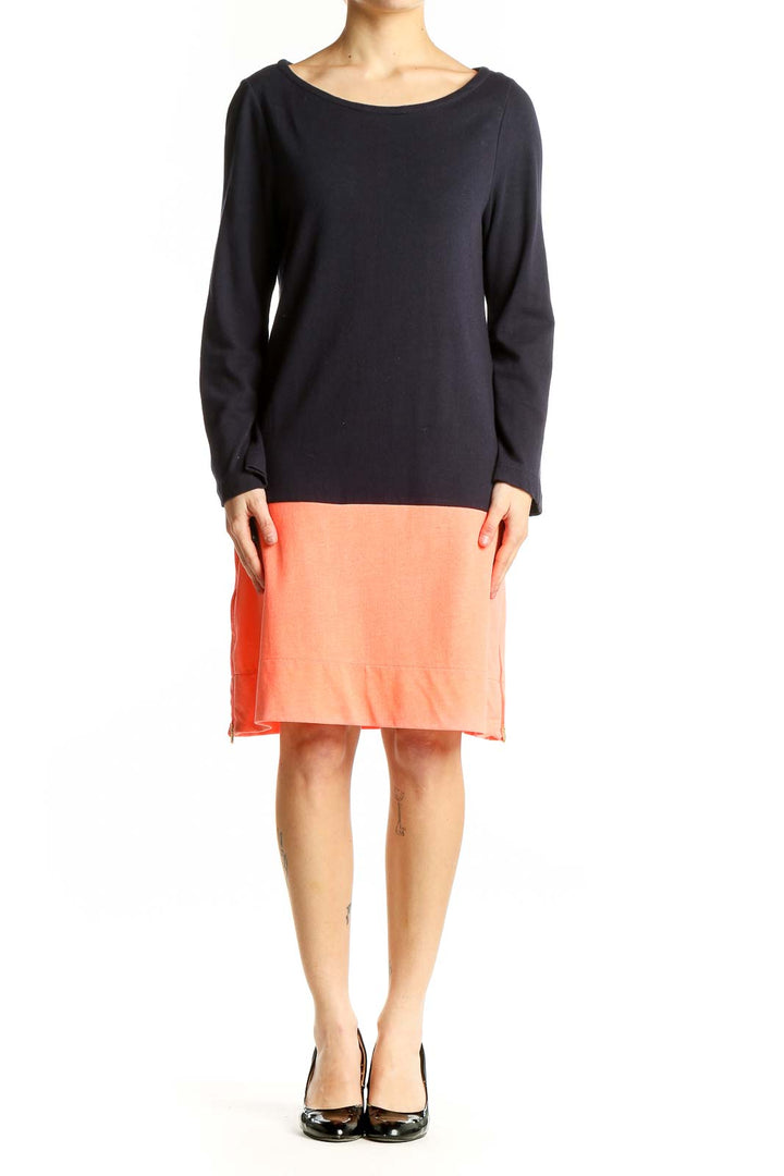 Front view of J.Crew black and coral color block cotton dress