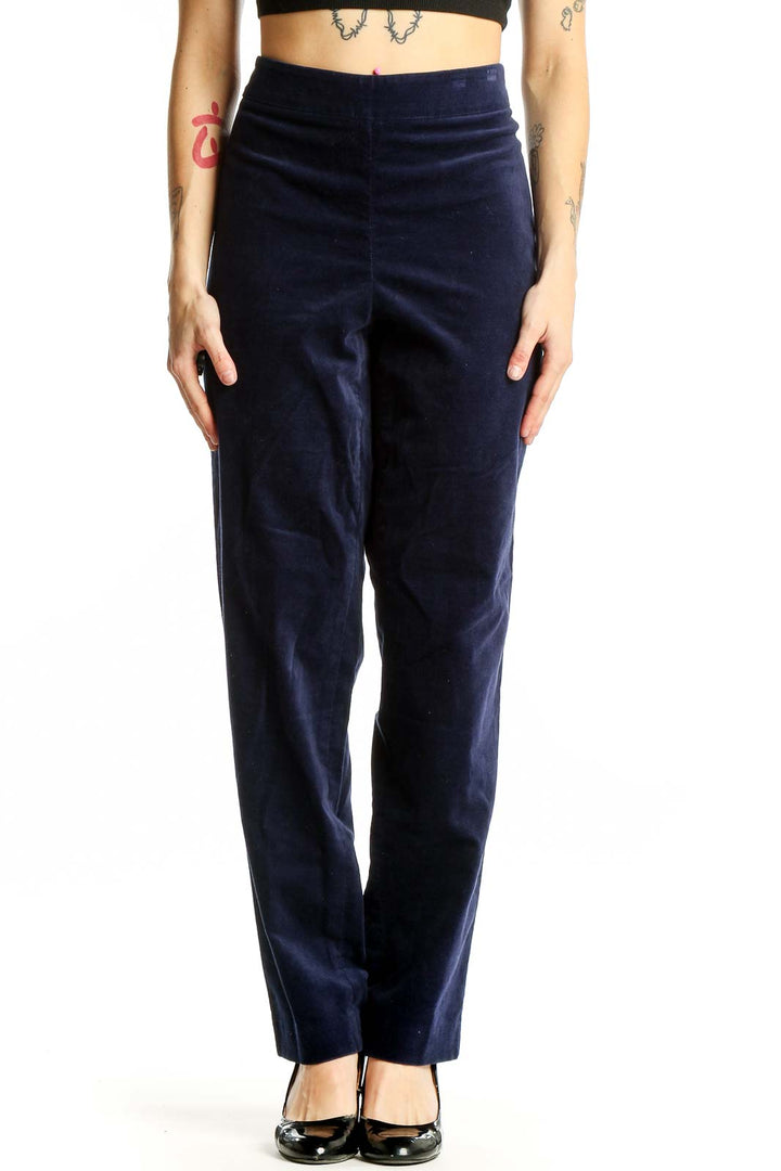Front view of Talbots navy straight-leg pants on model