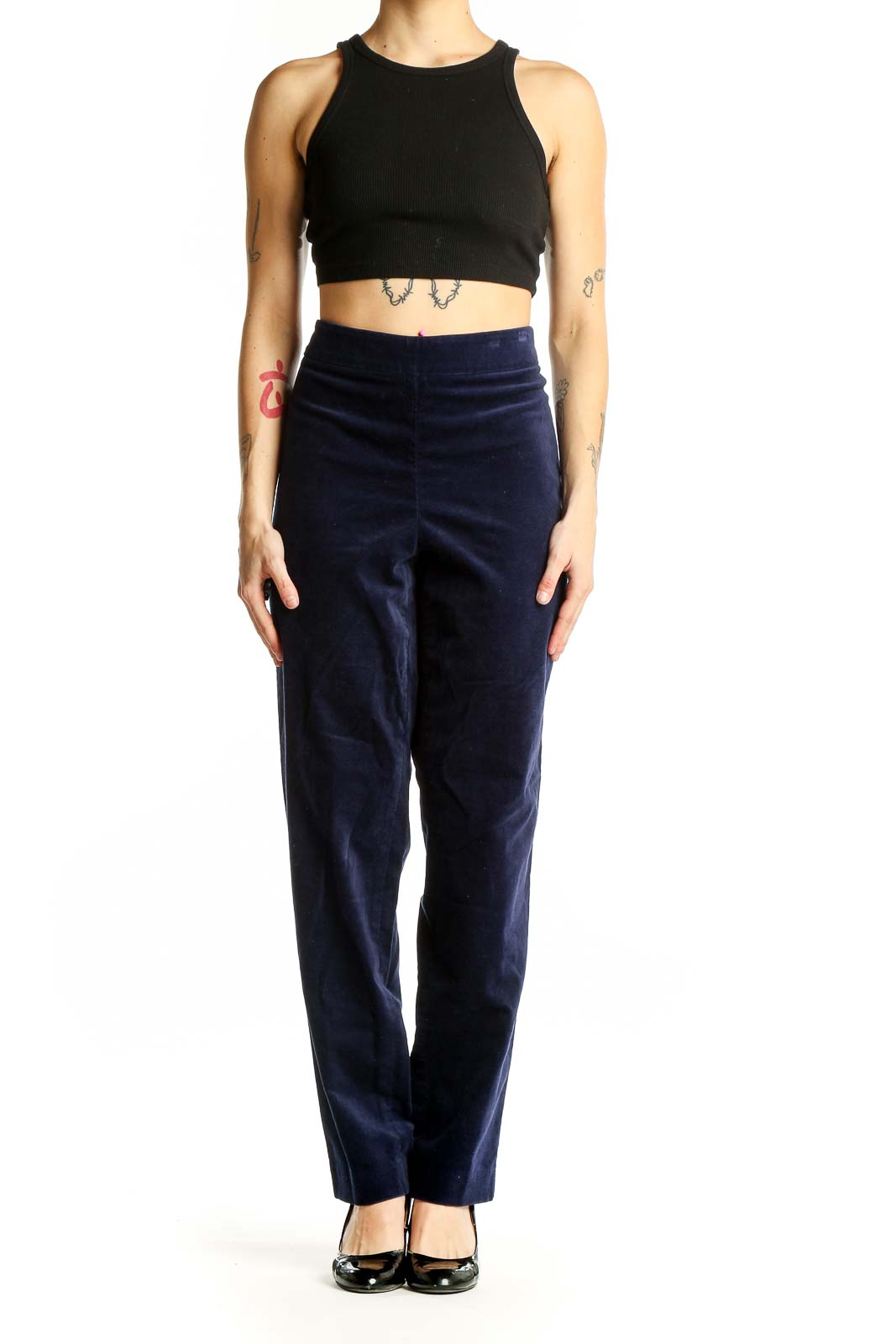 Front view of Talbots navy straight-leg pants on model