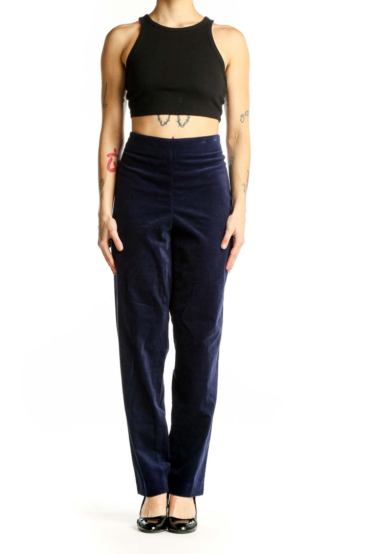 Front view of Talbots navy straight-leg pants on model