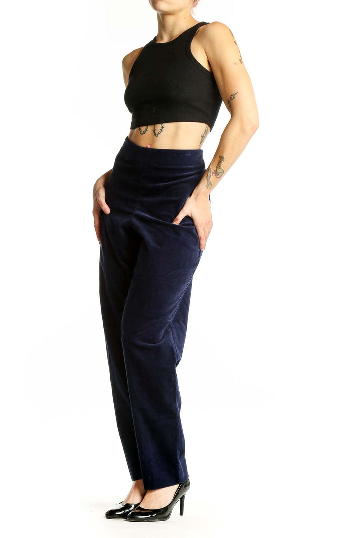 Front view of Talbots navy straight-leg pants on model