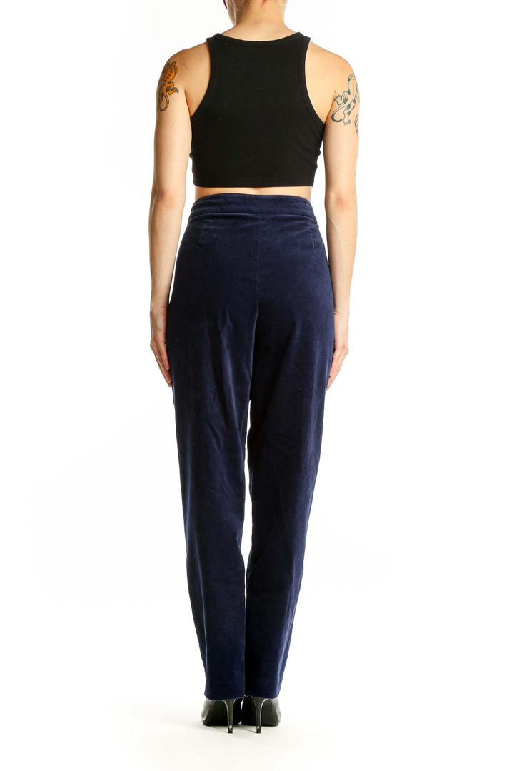 Side view of Talbots navy straight-leg pants on model