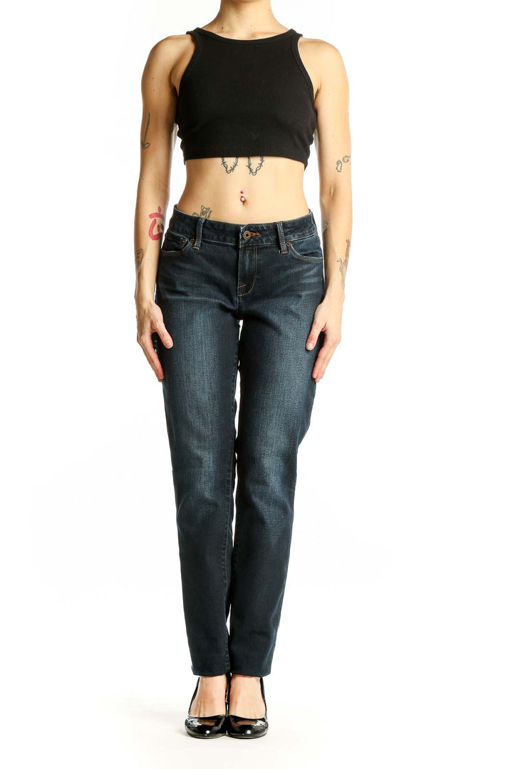 Front view of Lucky Brand dark blue straight leg jeans on model