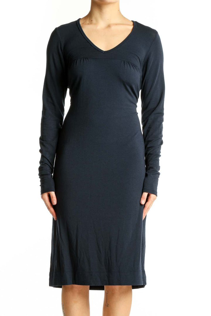 Front view of Vince navy V-neck long sleeve midi dress