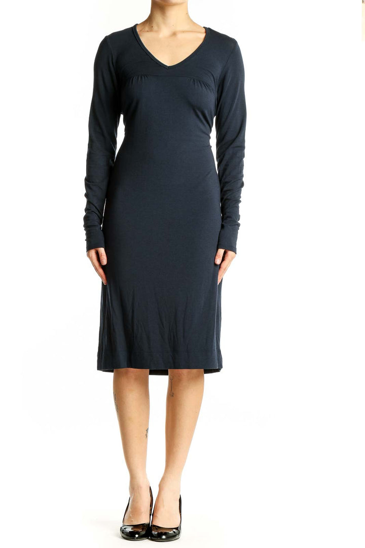 Front view of Vince navy V-neck long sleeve midi dress