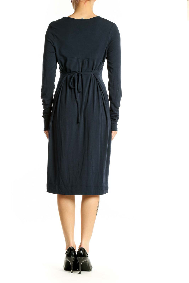 Side view of Vince navy V-neck long sleeve midi dress