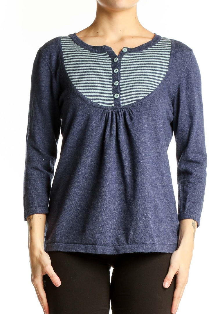 Front view of Boden navy knit top with striped yoke and Henley neckline