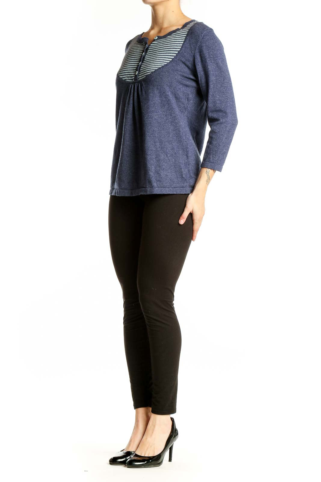 Front view of Boden navy knit top with striped yoke and Henley neckline
