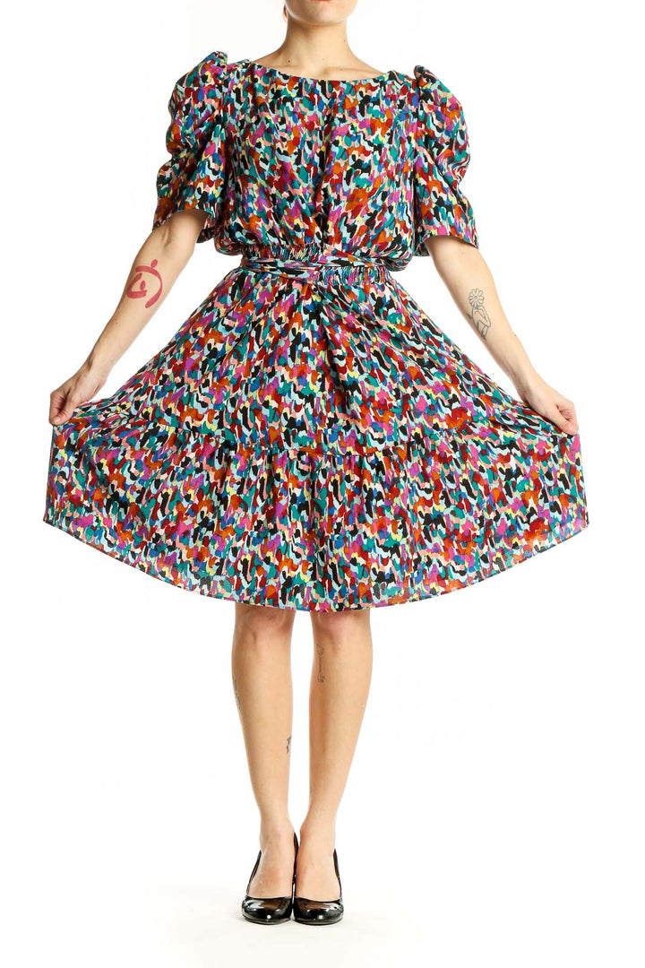 Front view of multicolor abstract print puff sleeve dress by London Times