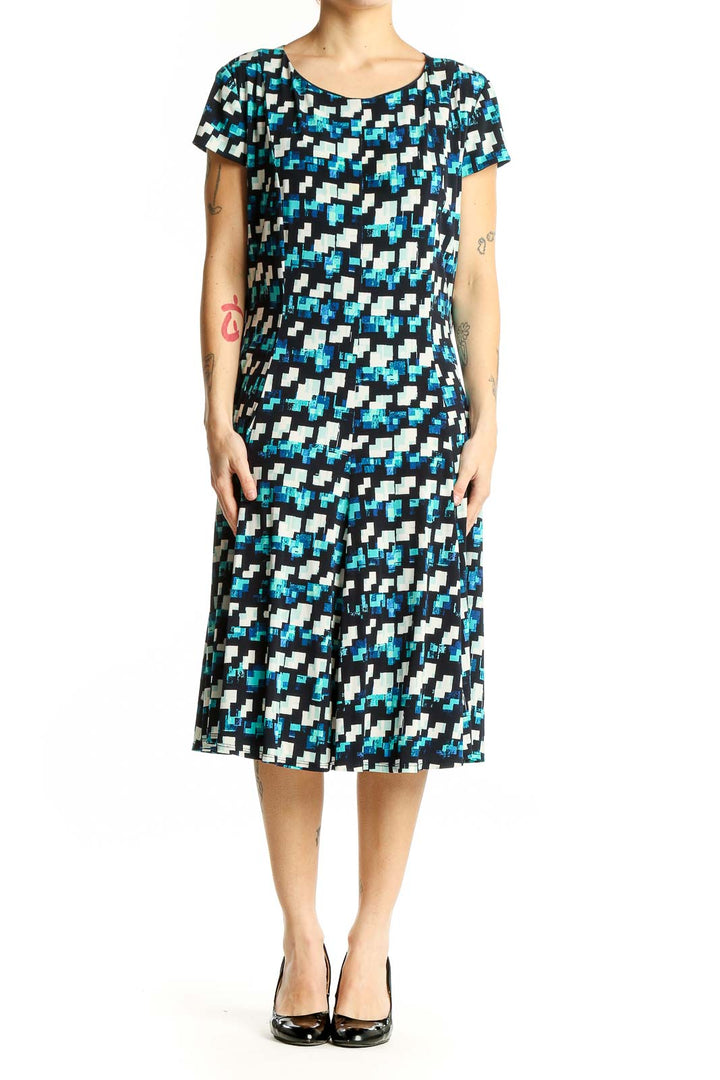 Front view of Eliza J blue geometric print A-line dress