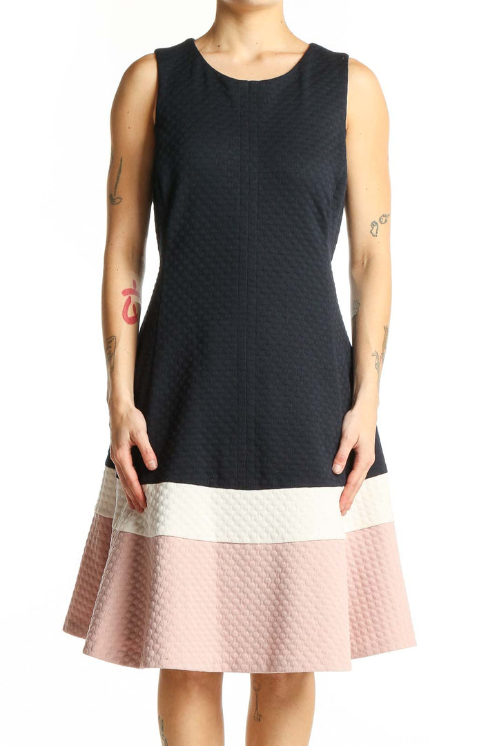 Front view of Eliza J black colorblock textured fit-and-flare dress