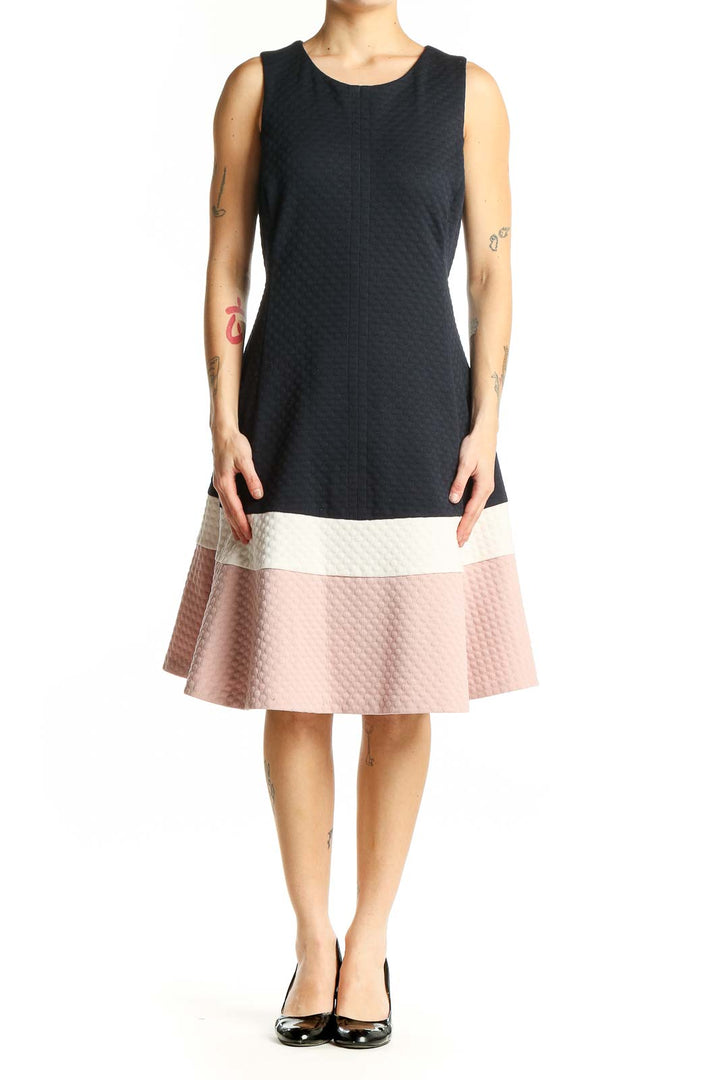 Front view of Eliza J black colorblock textured fit-and-flare dress