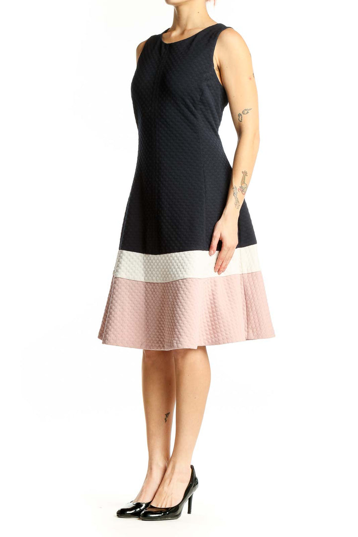 Front view of Eliza J black colorblock textured fit-and-flare dress