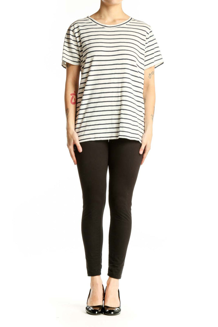 Front view of J.Crew white and navy striped cotton t-shirt
