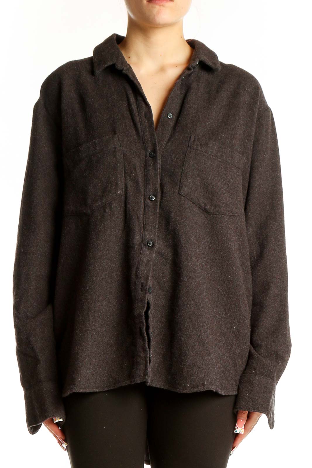 Front view of Madewell dark gray cotton button-up shirt with relaxed fit