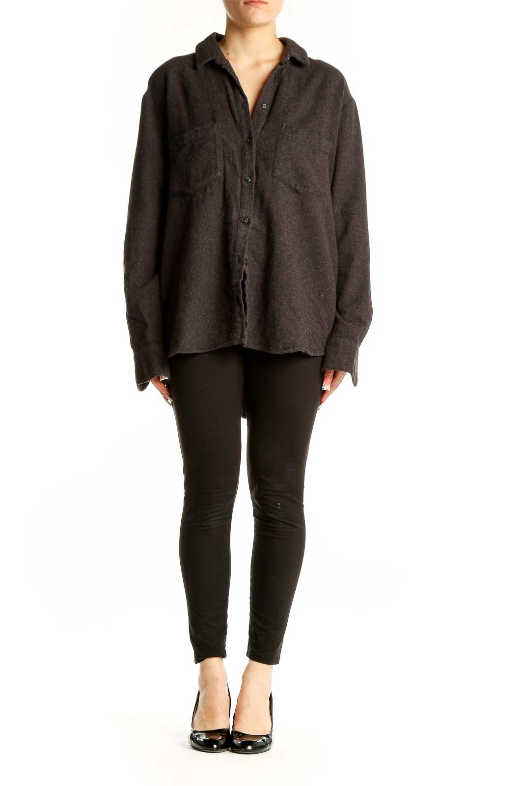 Front view of Madewell dark gray cotton button-up shirt with relaxed fit