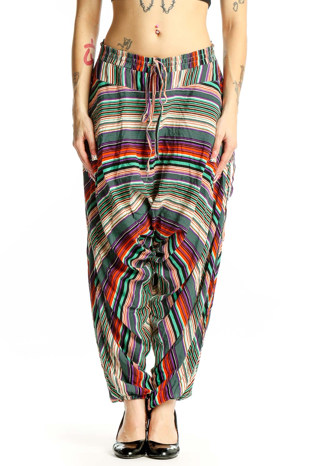 Front view of multicolor striped wide-leg pants from Buddha Pants