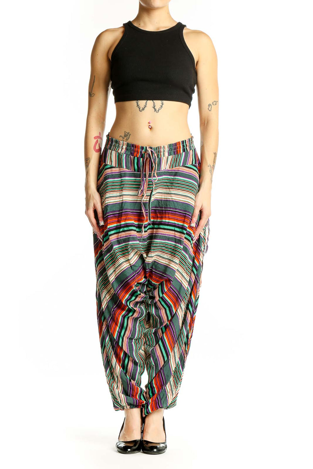 Front view of multicolor striped wide-leg pants from Buddha Pants