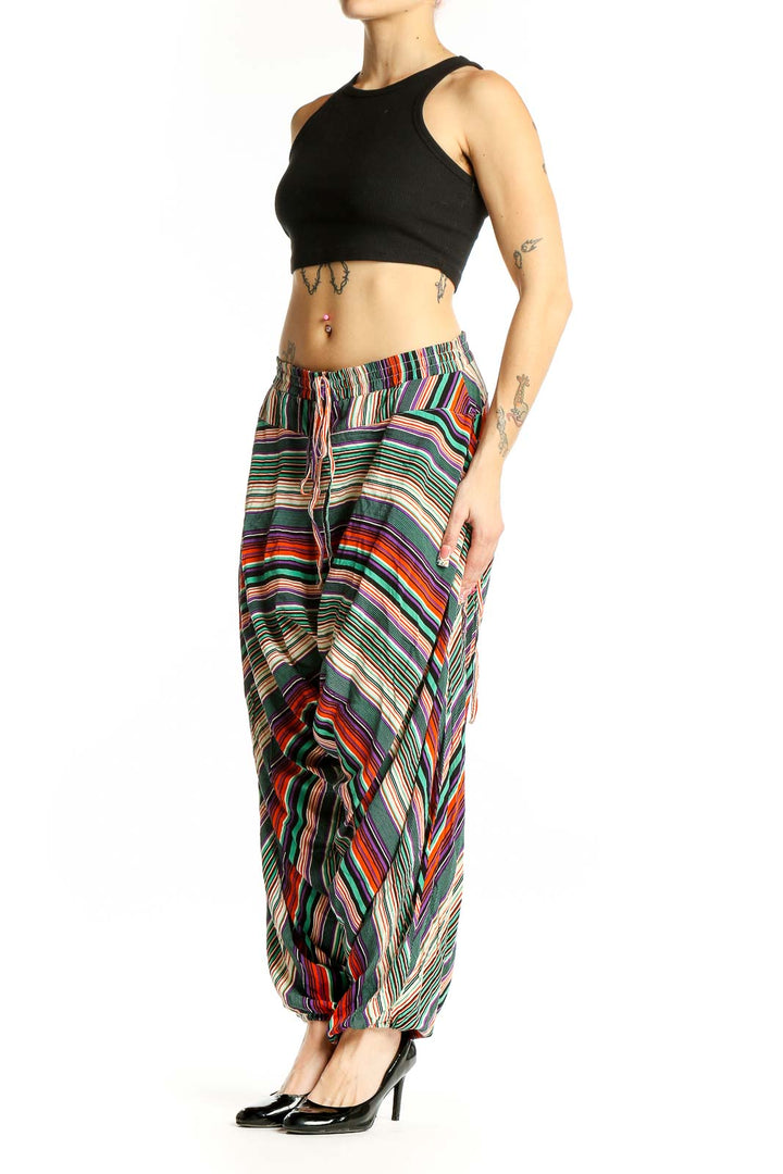 Front view of multicolor striped wide-leg pants from Buddha Pants