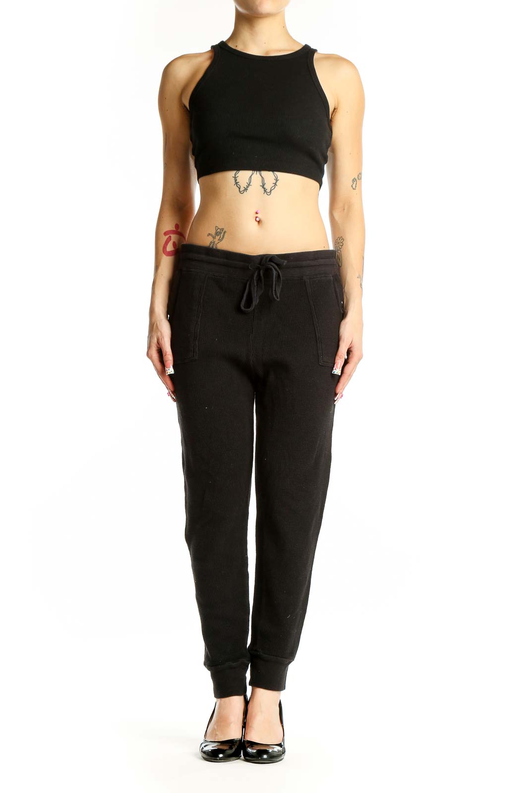 Front view of black Splendid joggers with drawstring waist