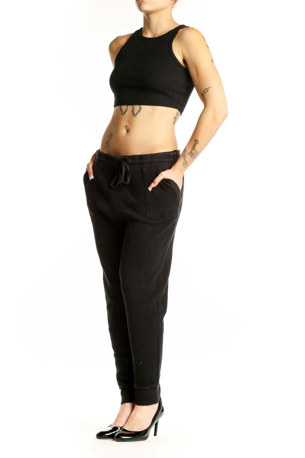 Front view of black Splendid joggers with drawstring waist