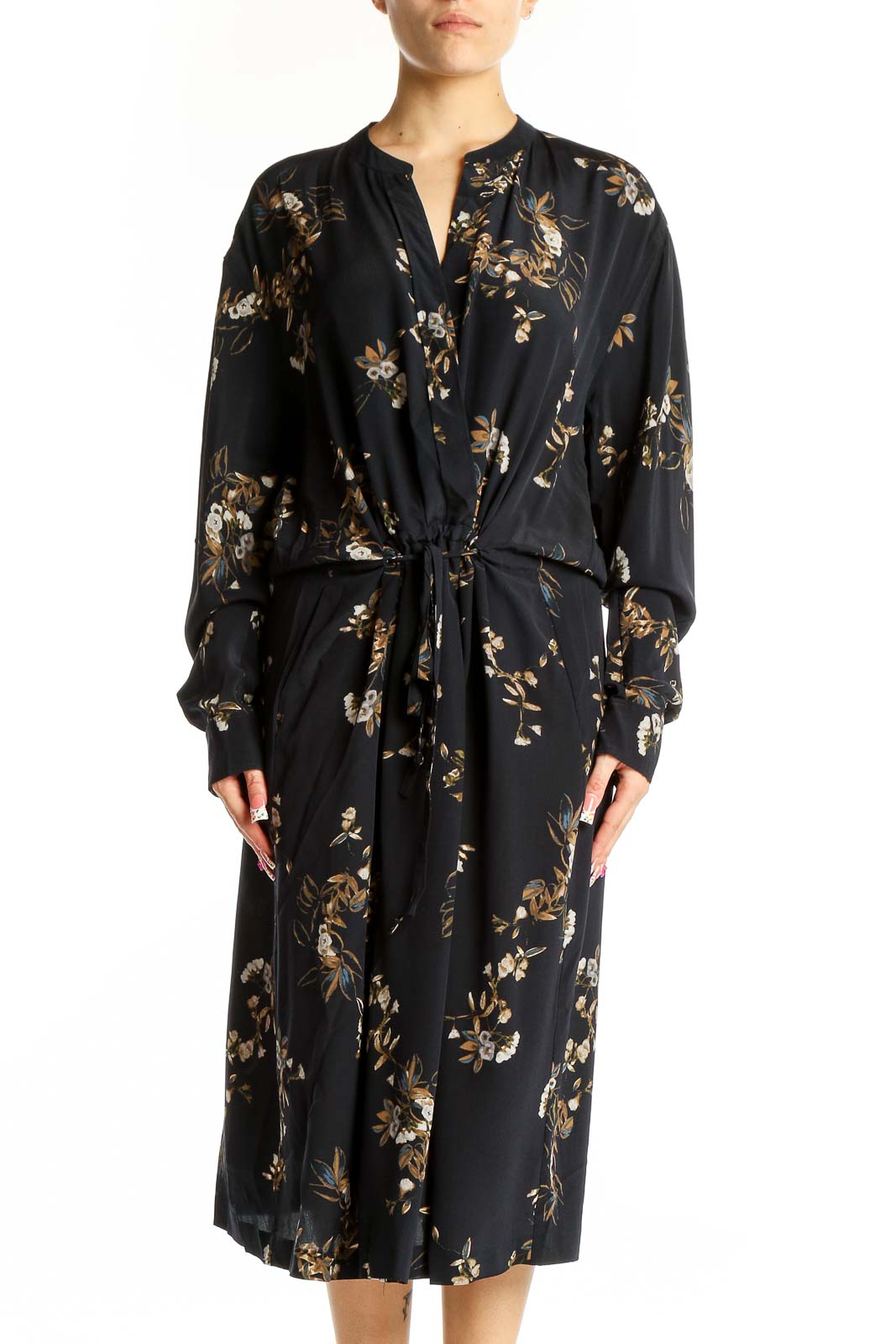 Front view of Vince black silk midi dress with gold floral print and tie waist
