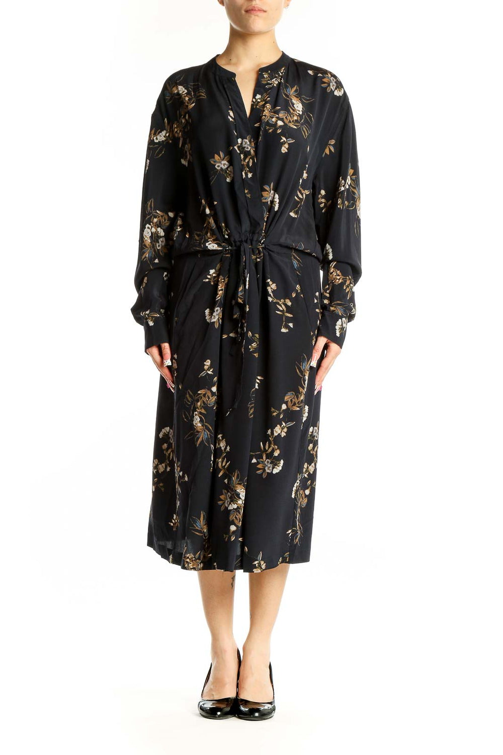 Front view of Vince black silk midi dress with gold floral print and tie waist
