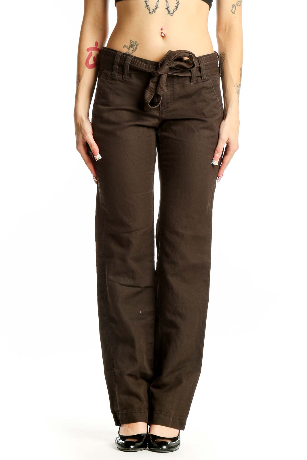 Front view of brown Banana Republic pants with belted waist