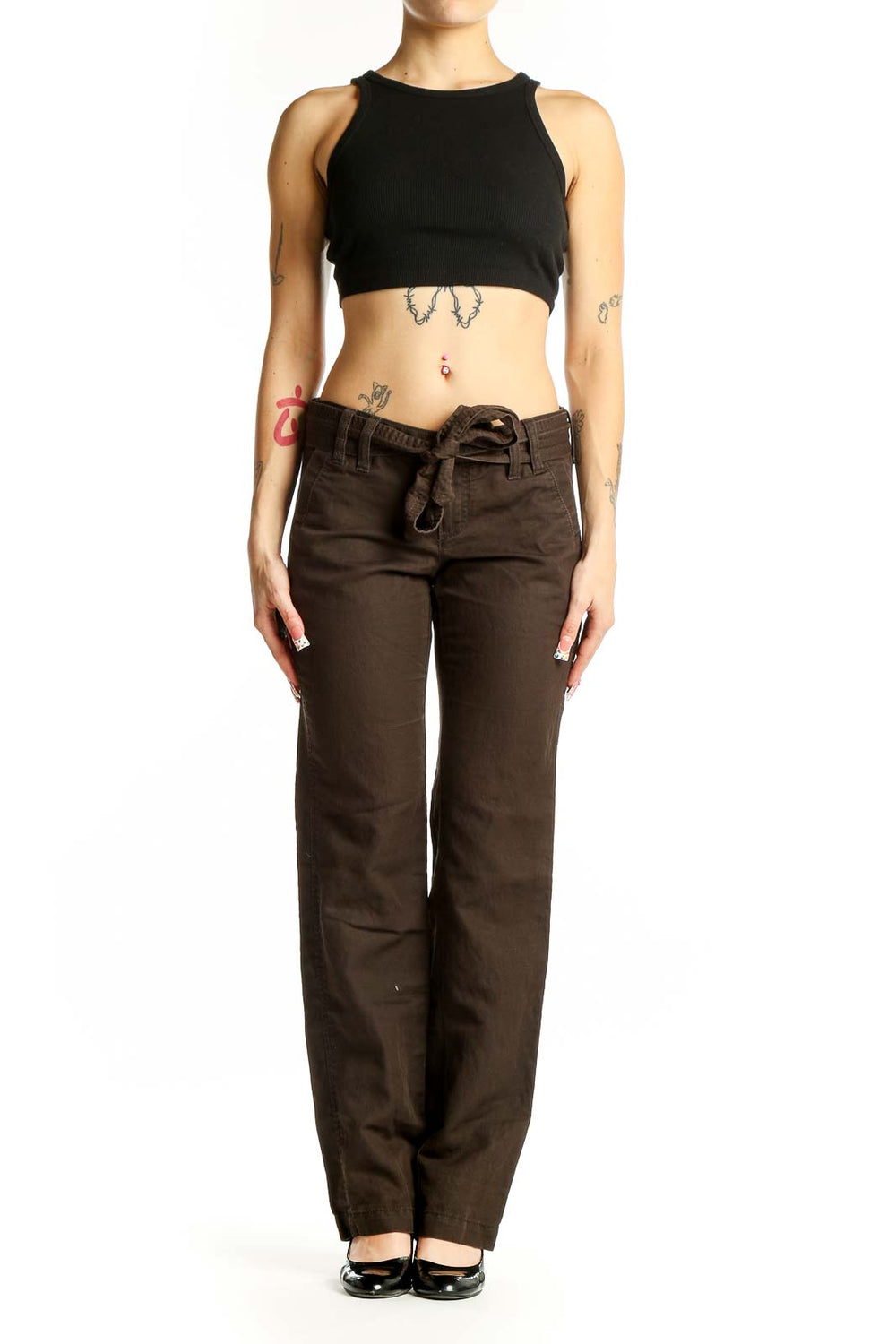 Front view of brown Banana Republic pants with belted waist