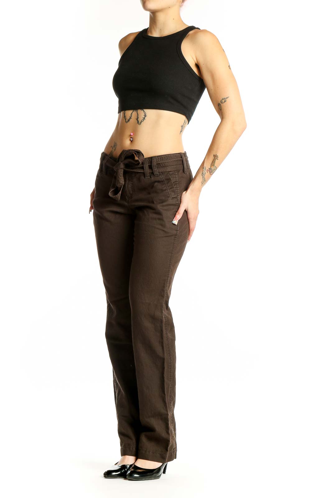 Front view of brown Banana Republic pants with belted waist