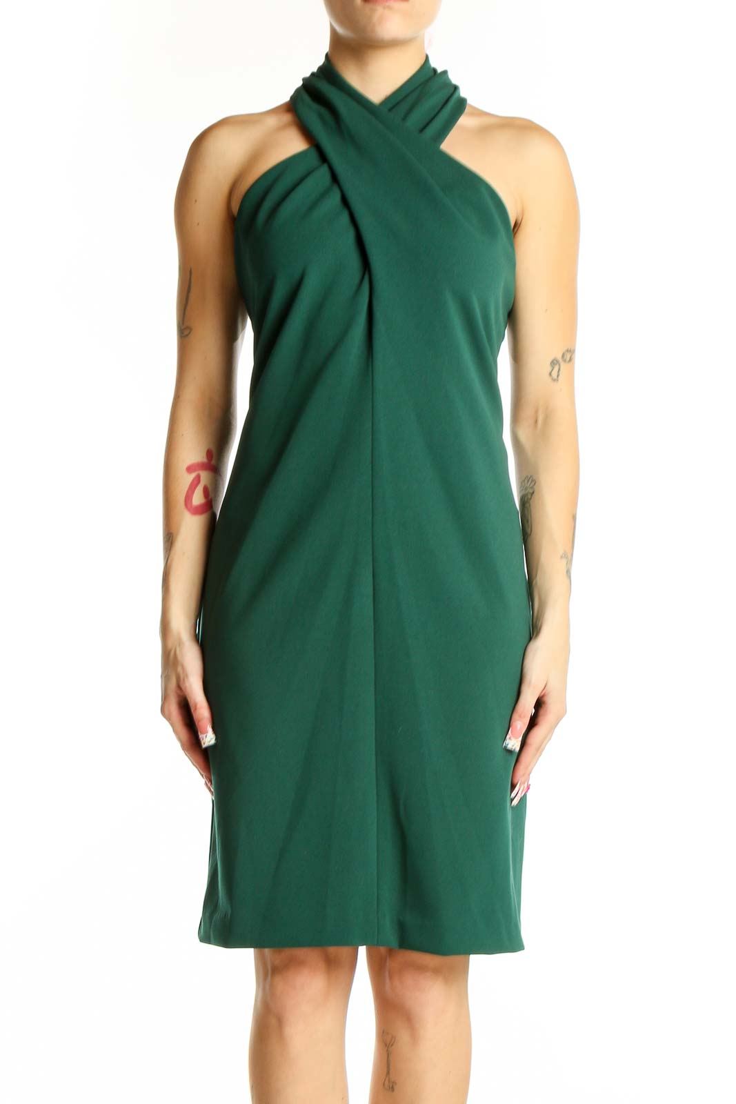 Front view of Eliza J green halter neck cocktail dress