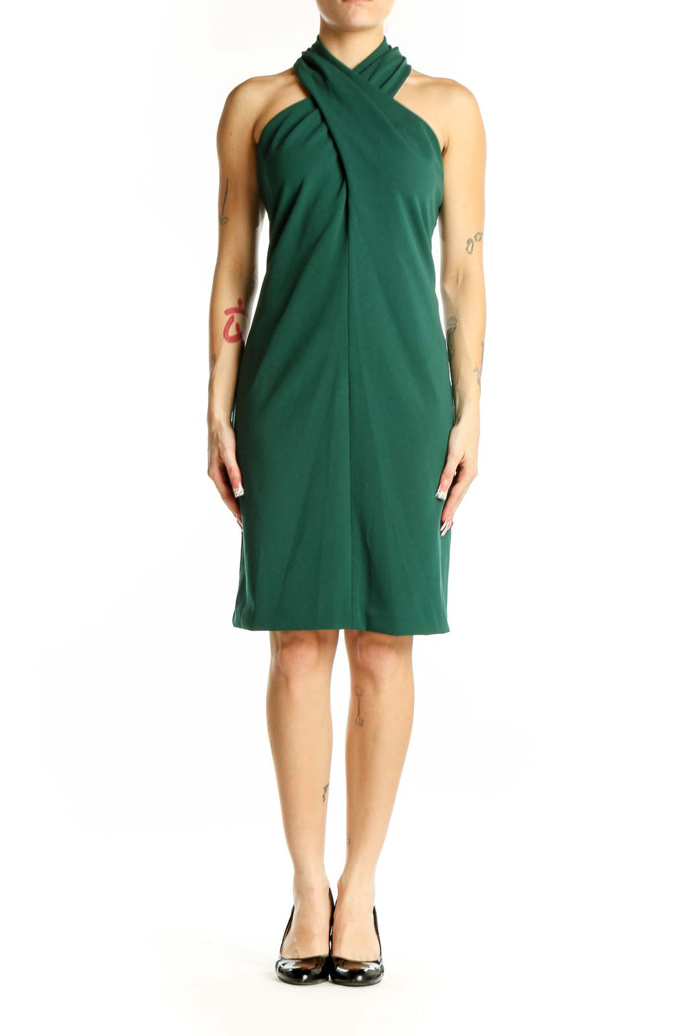 Front view of Eliza J green halter neck cocktail dress