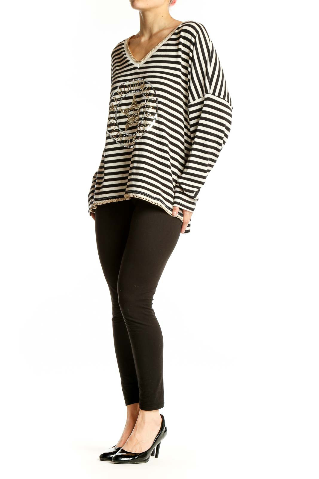 Front view of Venti6 black and white striped V-neck top with gold star design