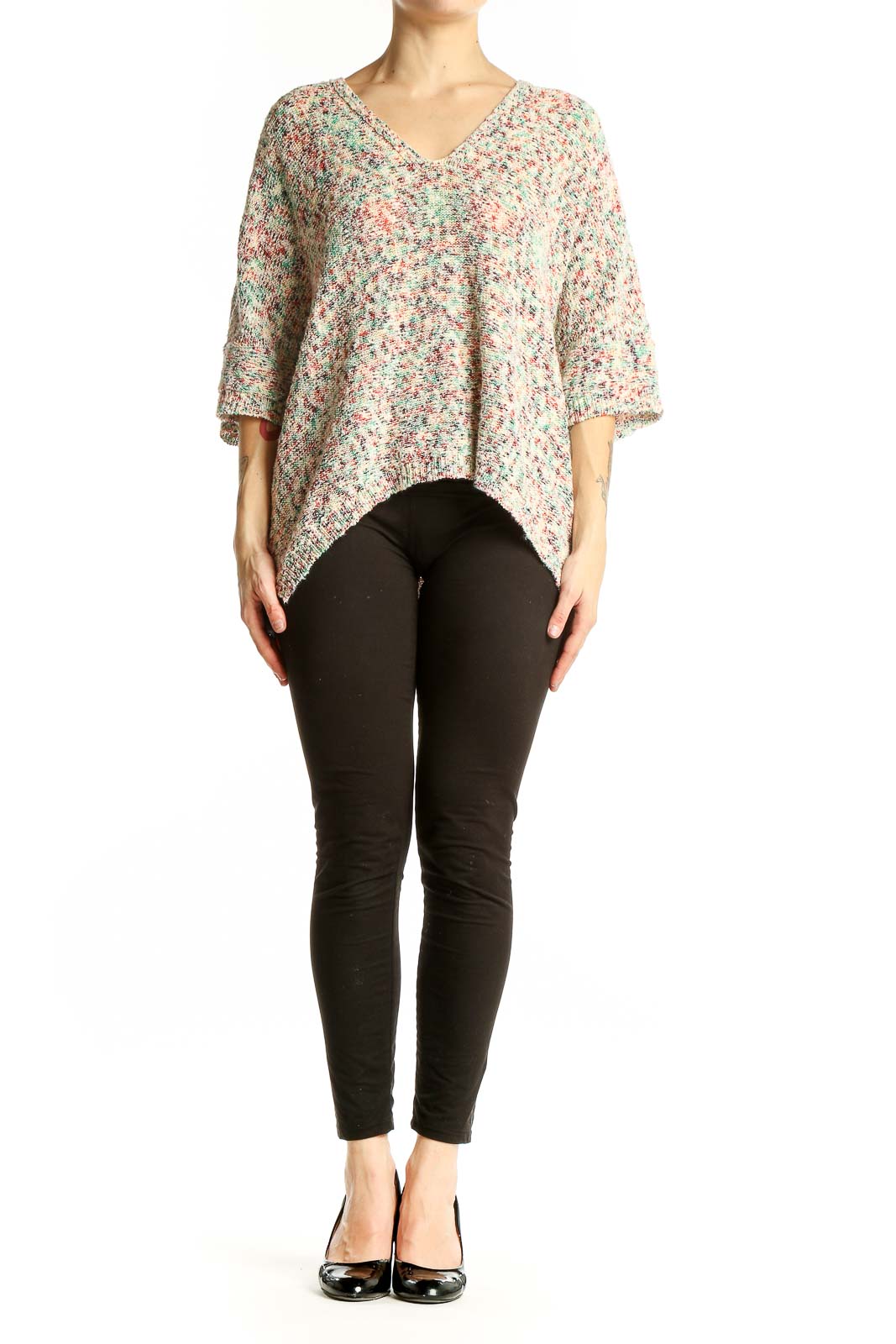 Front view of multicolor knit V-neck oversized sweater by Lou & Grey for LOFT