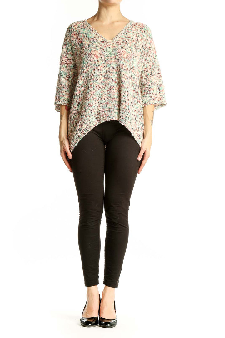 Front view of multicolor knit V-neck oversized sweater by Lou & Grey for LOFT
