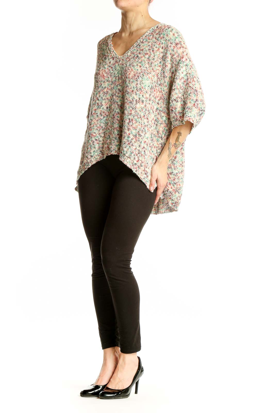 Front view of multicolor knit V-neck oversized sweater by Lou & Grey for LOFT