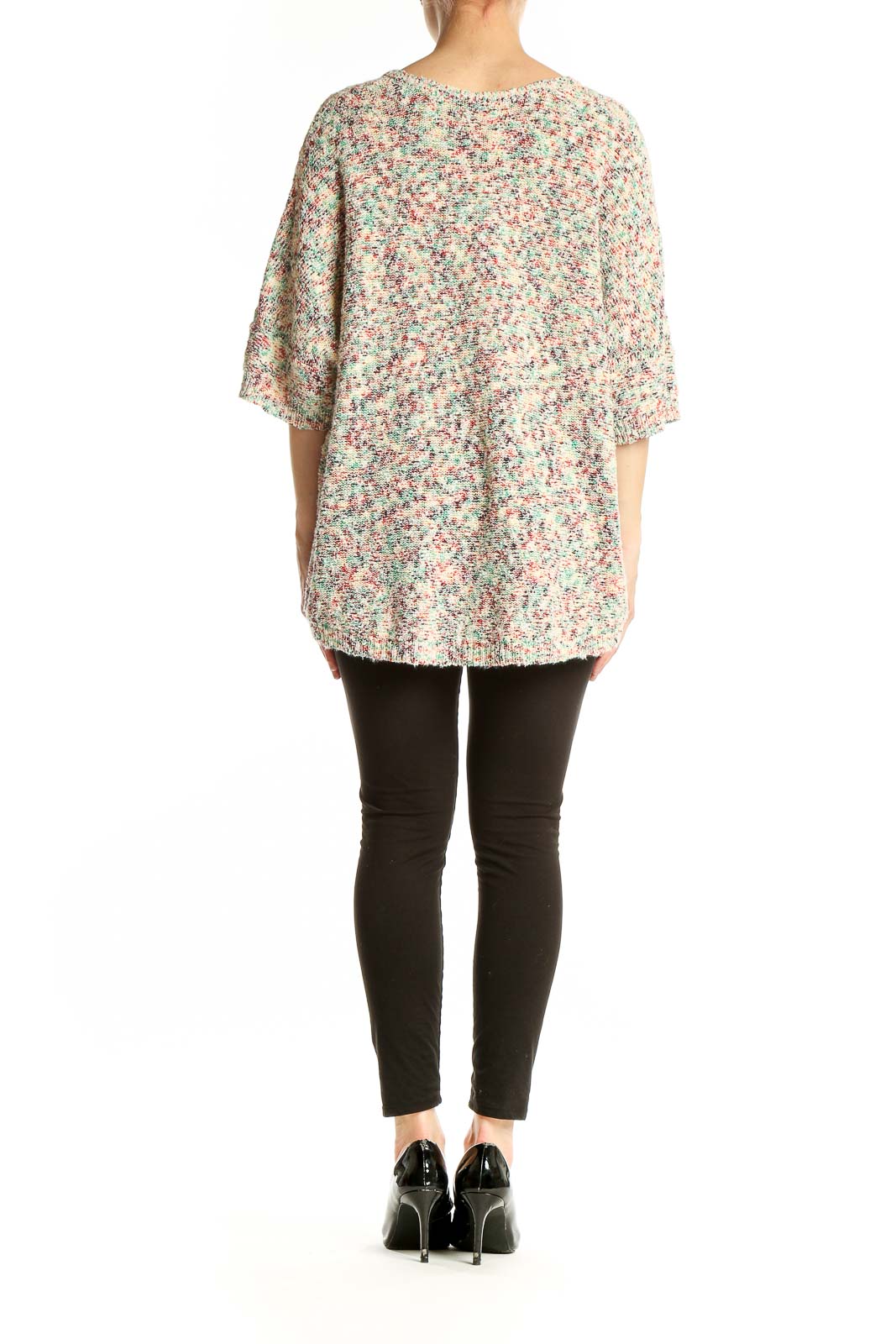 Back view of multicolor knit V-neck oversized sweater by Lou & Grey for LOFT showing high-low hemline