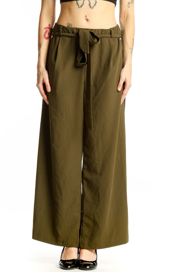 Front view of Loveappella olive wide-leg pants with tie belt