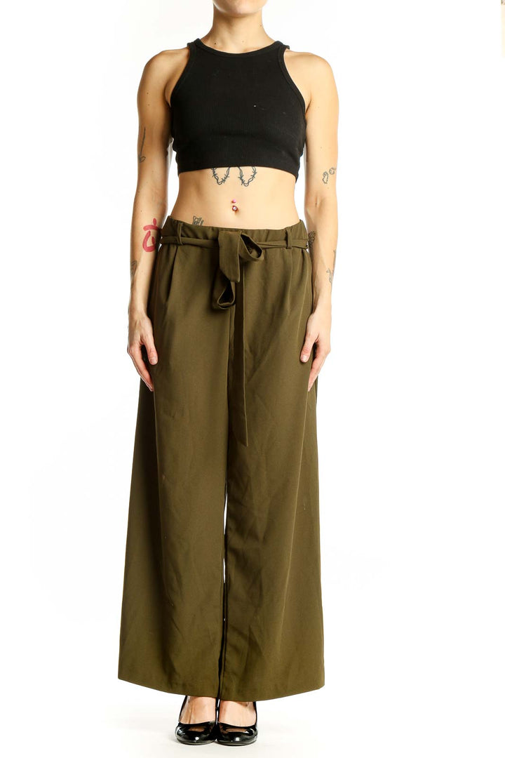 Front view of Loveappella olive wide-leg pants with tie belt